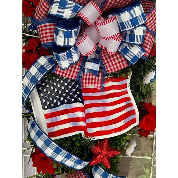 Patriotic Swag Wreath For Front Door, Red White and Blue With USA Flag Sign - Picture 2 of 6